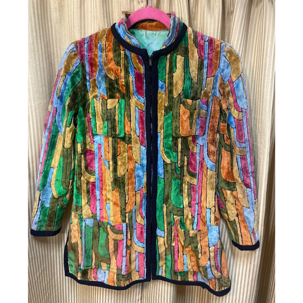 Vtg 60s 70s Velvet mod Jacket Psychedelic Colorful Abstract Print Velour